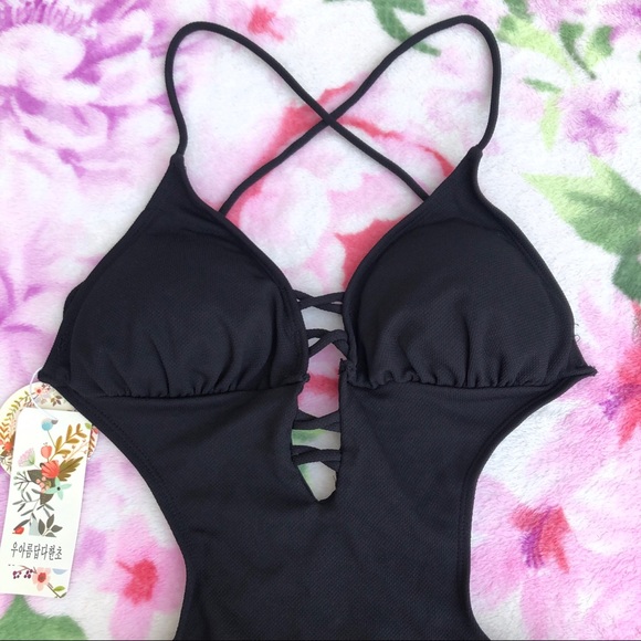 NEW Black Strappy One Piece Swimsuit - Picture 5 of 12